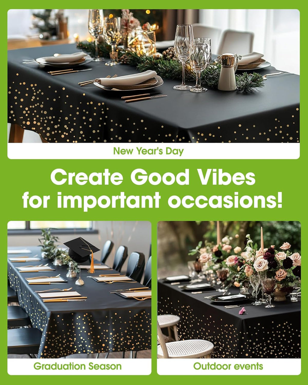 Pureegg Disposable Plastic Tablecloths - 10 Pack, 54 x 108 Inch, Leakproof & Sturdy, Black and Gold for Graduation Celebrations