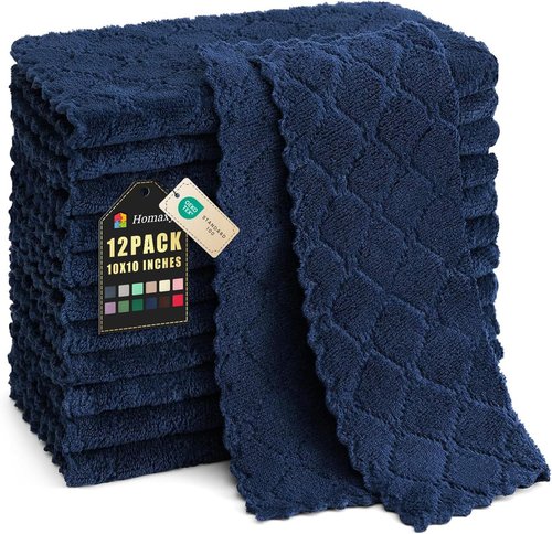 Homaxy Kitchen Dish Cloths - 12 Pack Super Soft & Absorbent Coral Velvet | 10x10 Inches, Navy Blue