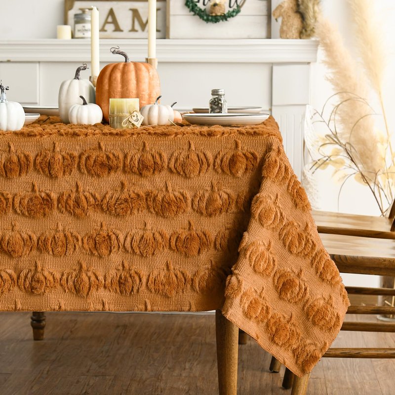 Horaldaily Fall Tablecloth 60x104 Inch Rectangular, Caramel Soft Plush Faux Fur Pumpkin Table Cover, Thanksgiving Autumn Harvest Dining Table Decoration for Home Party Dinner