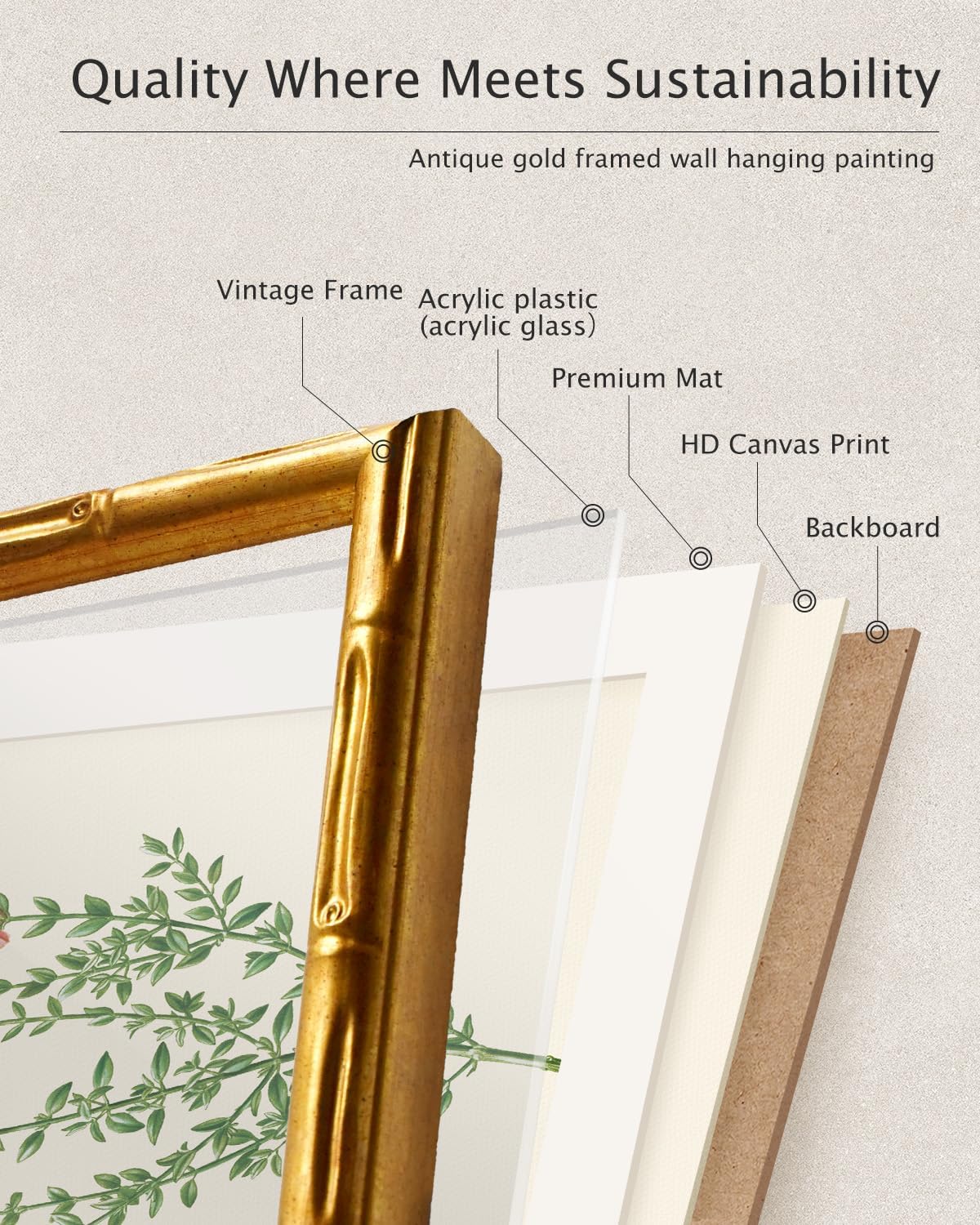 VIYYIEA Bamboo Detail Design Wall Art - Vintage Gold Framed Canvas Print for Living Room | 11 x 14 Inch