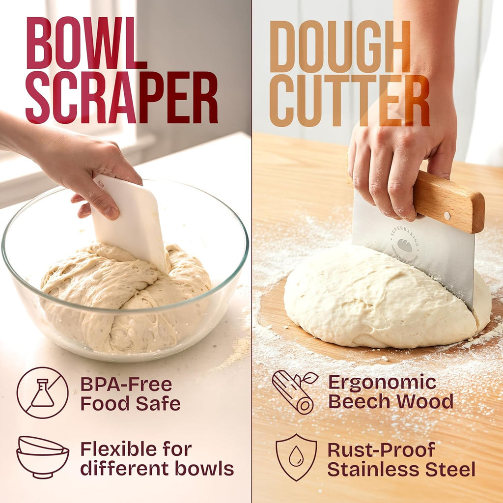 Superbaking Sourdough Starter Kit - 9" Round Banneton Bread Proofing Basket Set & Silicone Sling