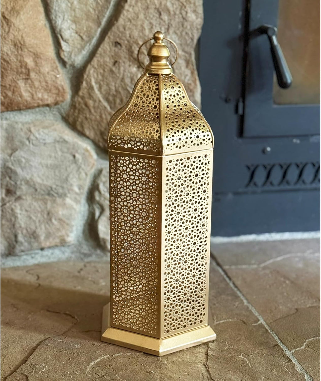 VELA Lanterns 16" Champagne Gold Moroccan Candle Lantern - Decorative Metal Hexagon for Table or Hanging | Perfect for Ramadan, Weddings, Indoor & Patio Lighting