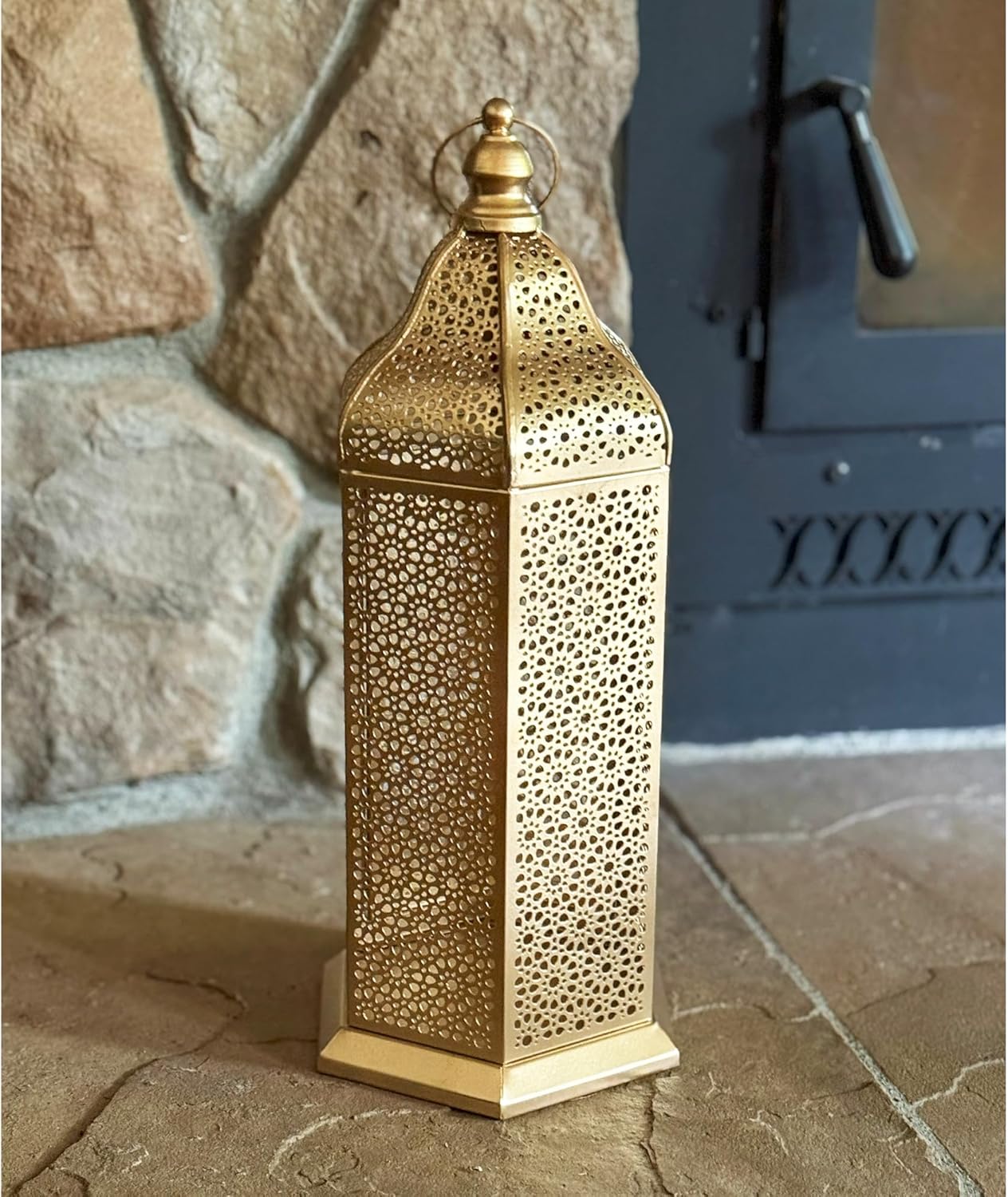 VELA Lanterns 16" Champagne Gold Moroccan Candle Lantern - Decorative Metal Hexagon for Table or Hanging | Perfect for Ramadan, Weddings, Indoor & Patio Lighting