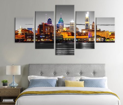 JiazuGo Philadelphia Skyline Wall Art for Living Room Wall Decor Black and White Night Scene Canvas Poster Decorations Office Bedroom Artwork 60" W×32" H