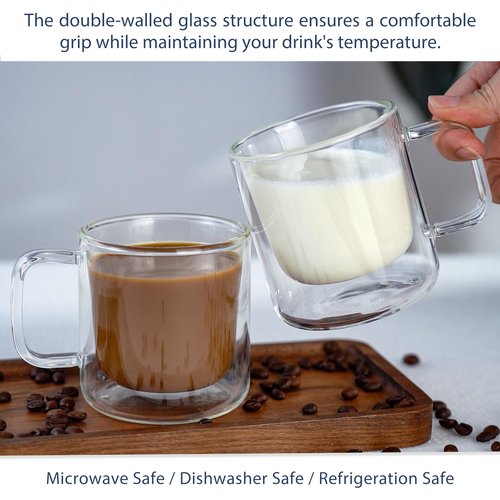 Aquach 2-Pack Double Walled Insulated 8oz Glass Coffee Mugs with Handle - Ideal for Espresso, Latte, Americano, and Cappuccino