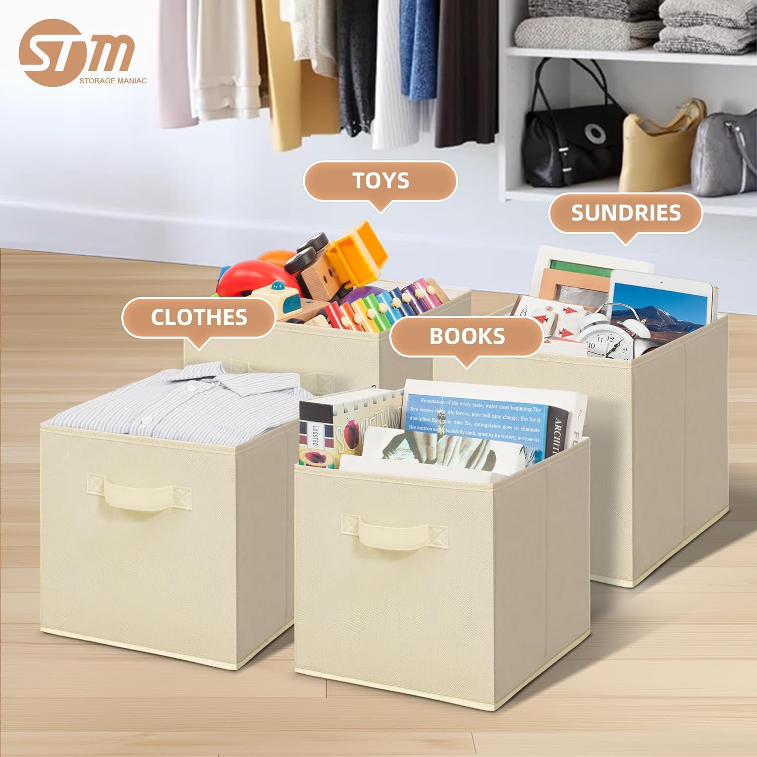 **Storage Maniac 11-Inch Collapsible Storage Cubes - Durable Fabric Bins for Closet & Office | 4-Pack Beige**