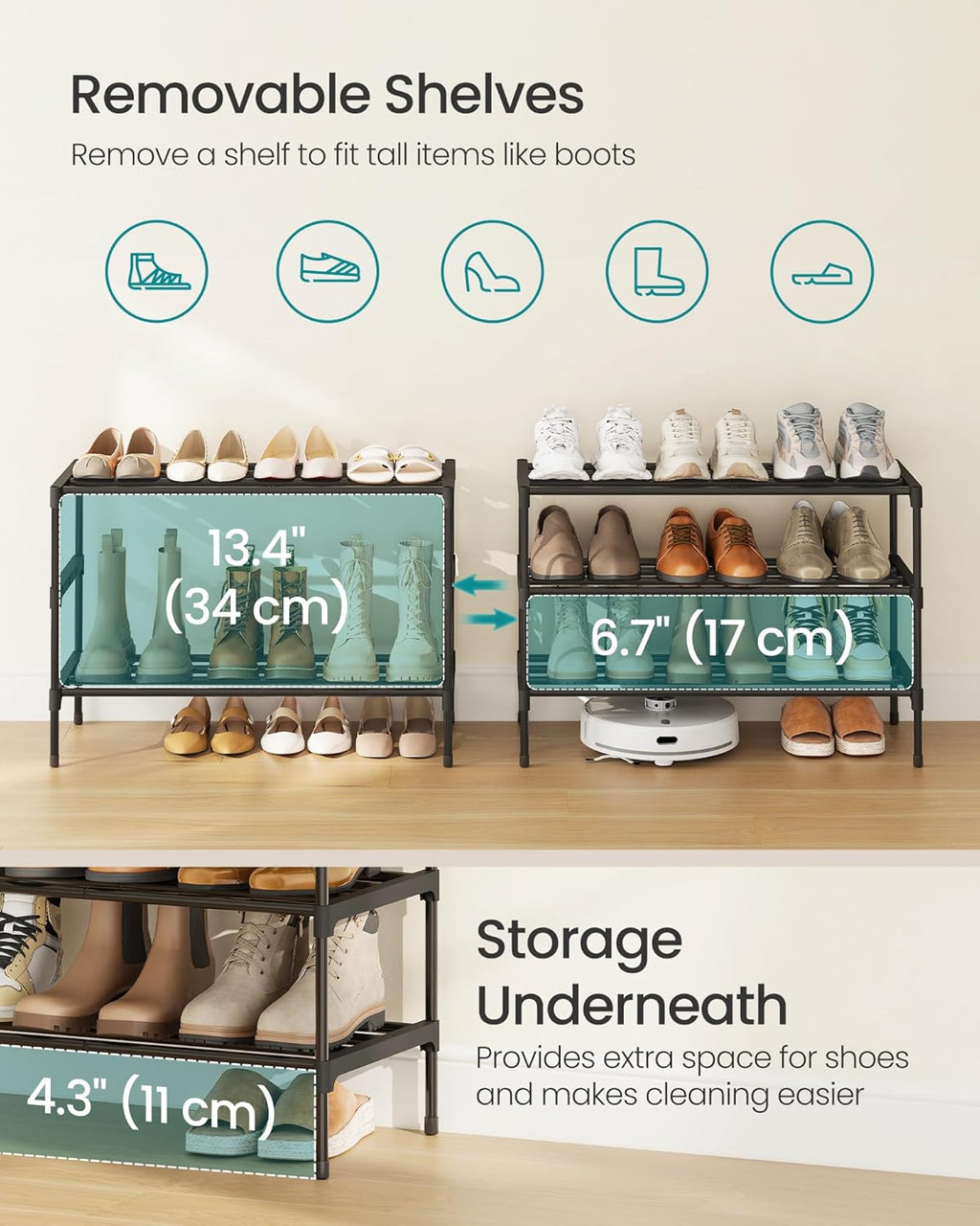 SONGMICS 3-Tier Shoe Rack - Compact Metal Organizer for Small Spaces | Stackable Design, Black, 11.8 x 24.5 x 19.1 Inches