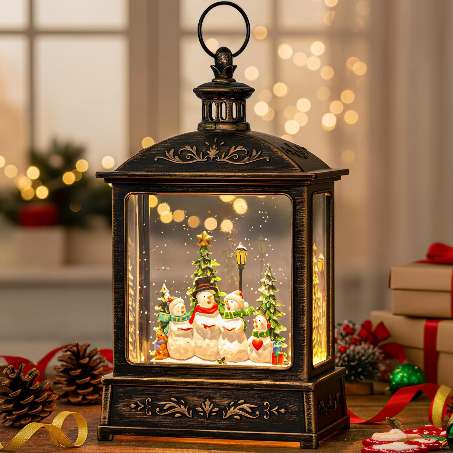 Skiennix 12.5'' Christmas Snow Globe Lantern - Lighted Snowman Choir with Musical Features | Battery Operated & USB Powered Home Decoration