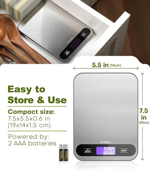 Atogou Digital Kitchen Scale - 33lb/15kg Capacity, Full View LCD Display, Durable Stainless Steel Surface | Black