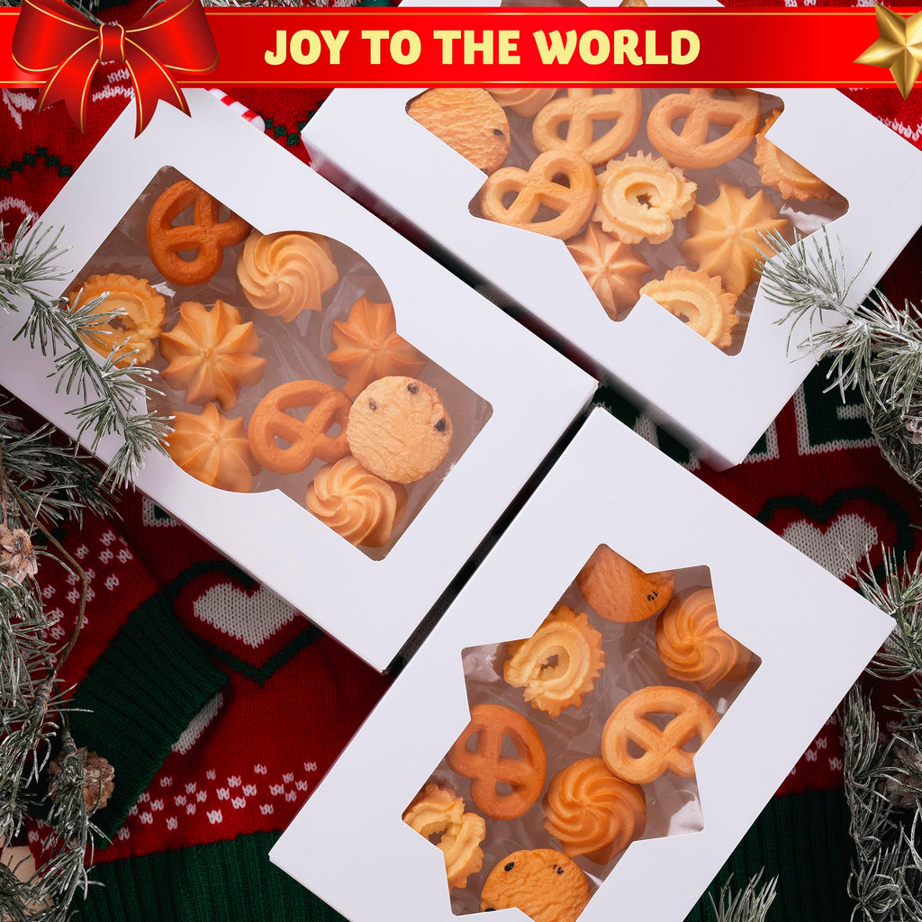 JOYIN 24 PCS Christmas Cookie Boxes for Gift Giving, 8.75’’ x 5.75’’ x 2.75’’ Xmas Holiday White Bakery Treat Boxes Containers with Window for Pastries, Cupcakes, Chocolate, Candy, Brownies, Donuts
