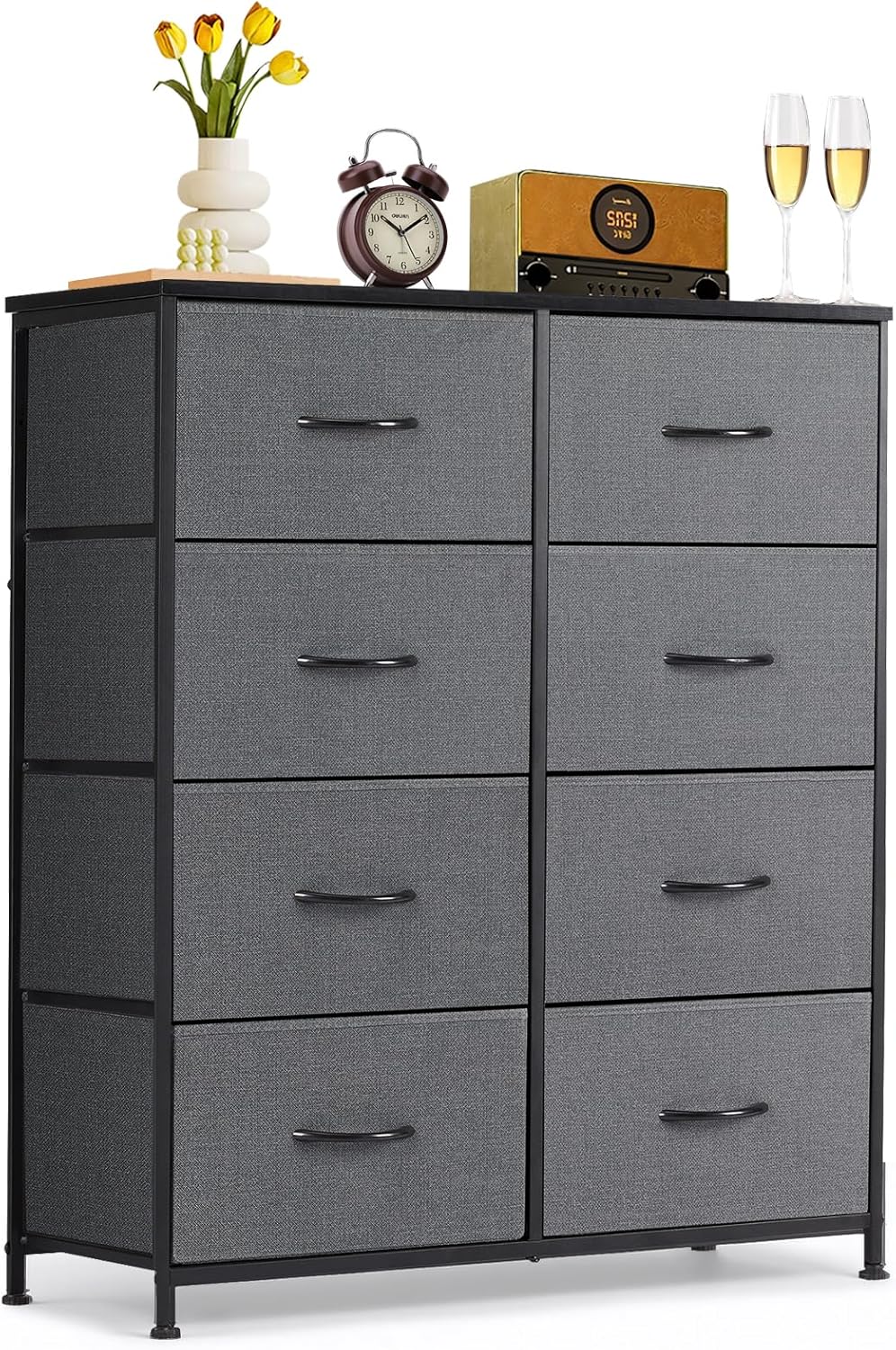 Regine Switzerland 8-Drawer Dresser - Anti-Tip Tall Storage Organizer with Wooden Top & Metal Frame - Gray