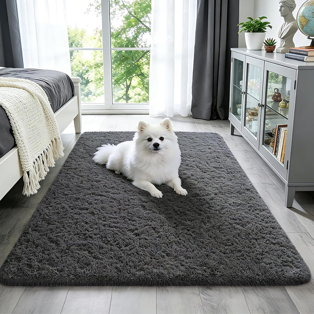 Ophanie 3x5 Non-Slip Area Rug - Fluffy Grey Carpet for Dorm Room & Bedroom Decor