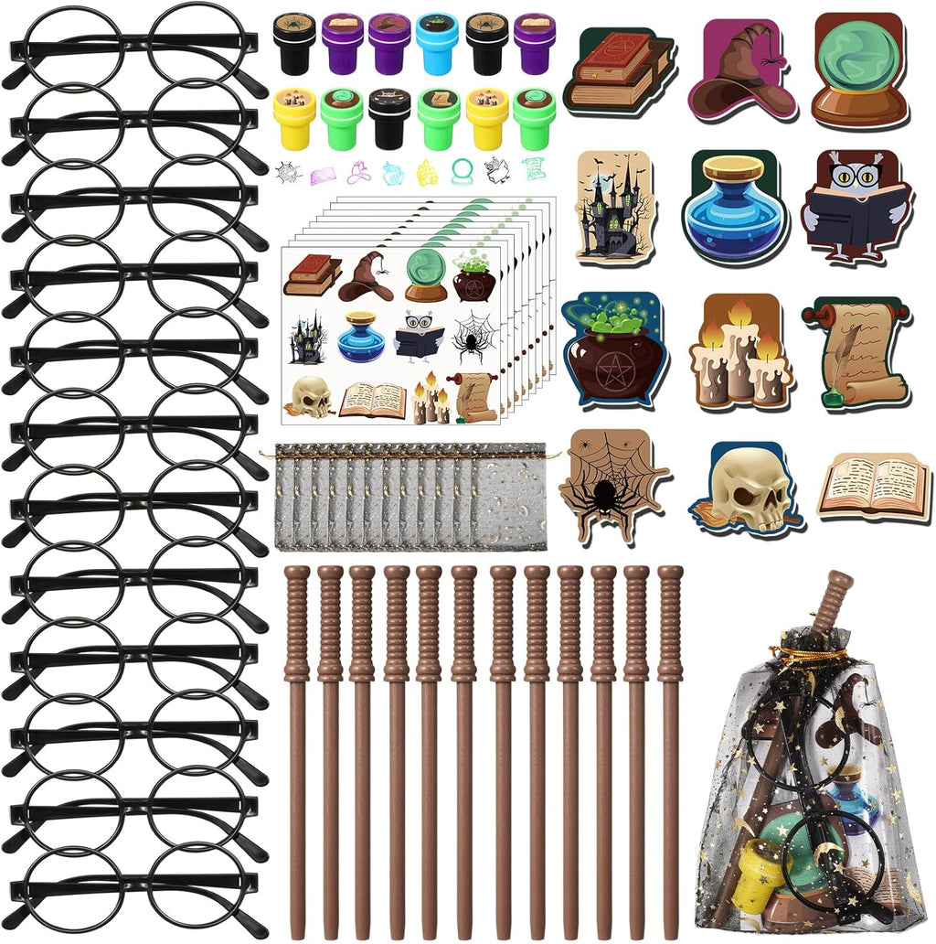 Pasimy Wizard Party Favors - 144 Pcs Birthday Decorations with Mini Notebook, Glasses & Stickers