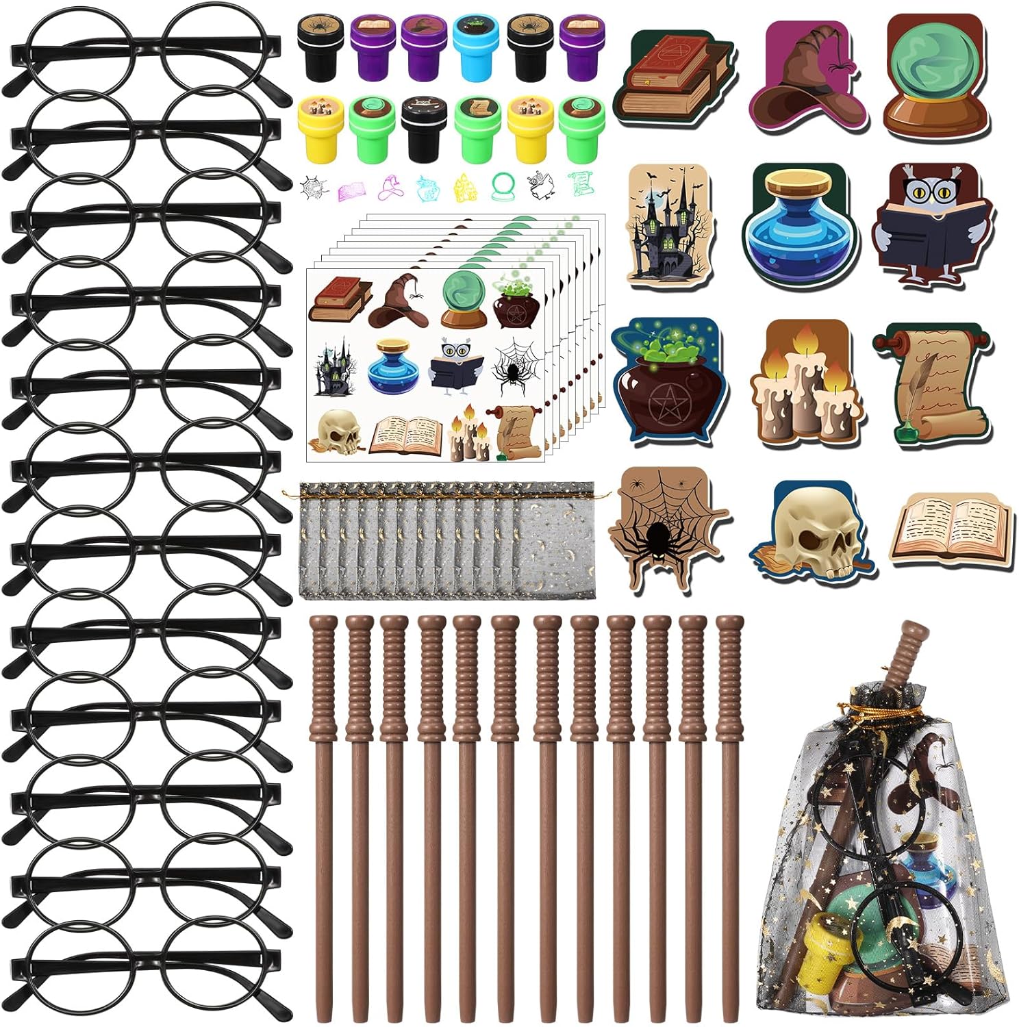 Pasimy Wizard Party Favors - 144 Pcs Birthday Decorations with Mini Notebook, Glasses & Stickers