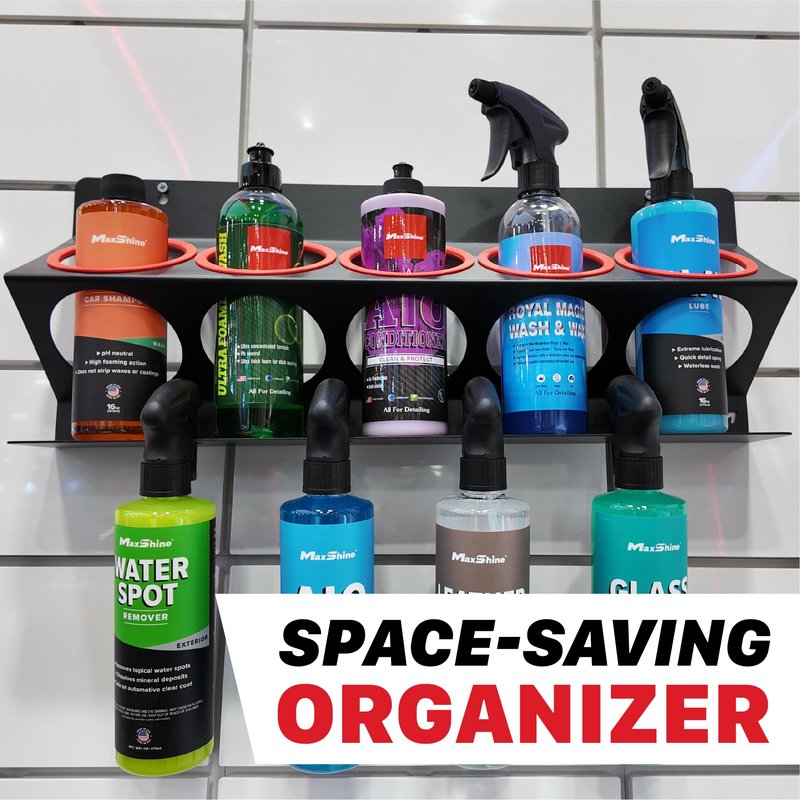 Maxshine Universal Detailing Spray Bottle Holder (2-Pack, No Logo) – Mobile Detailing & Car Garage Organizer, Holds 5 Bottles (16/32oz) with 4 Small Holes – Lightweight Design, Easy Wall Mounting