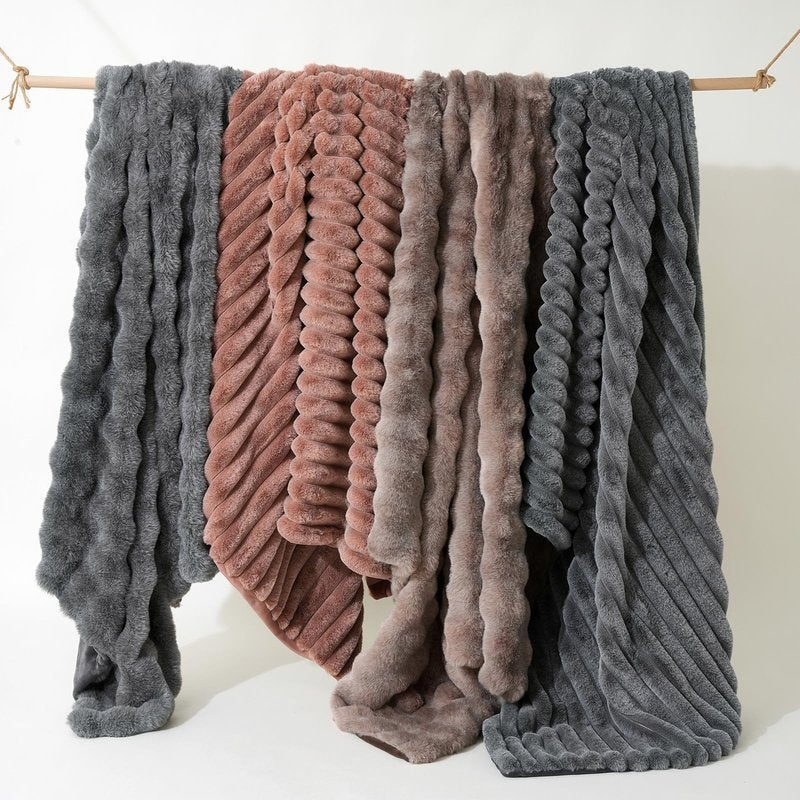 Amélie Home Luxury Striped Faux Fur Throw Blanket for Couch, Soft Cozy Fuzzy Fluffy Soft Plush Blankets Sofa Chair Gift Blankets for Women, 55"x70", Beige