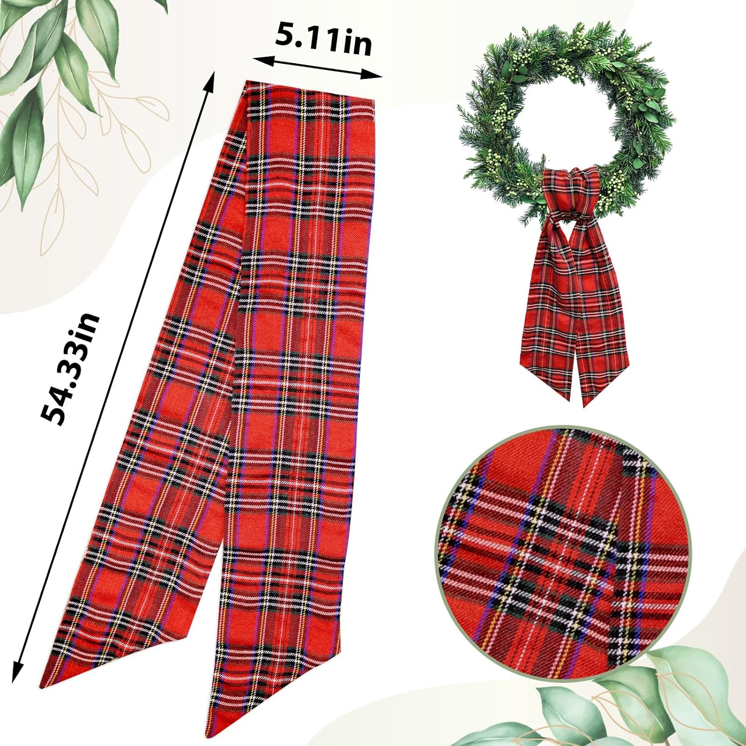 Regine Switzerland Christmas Wreath Sash - Red Buffalo Plaid Satin Ribbon | 5.1 x 54.3 Inches for Indoor/Outdoor Decor