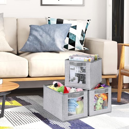Homsorout Closet Storage Bins - Fabric Cubes with Window, 11-Inch Linen Organizer, 3-Pack Set