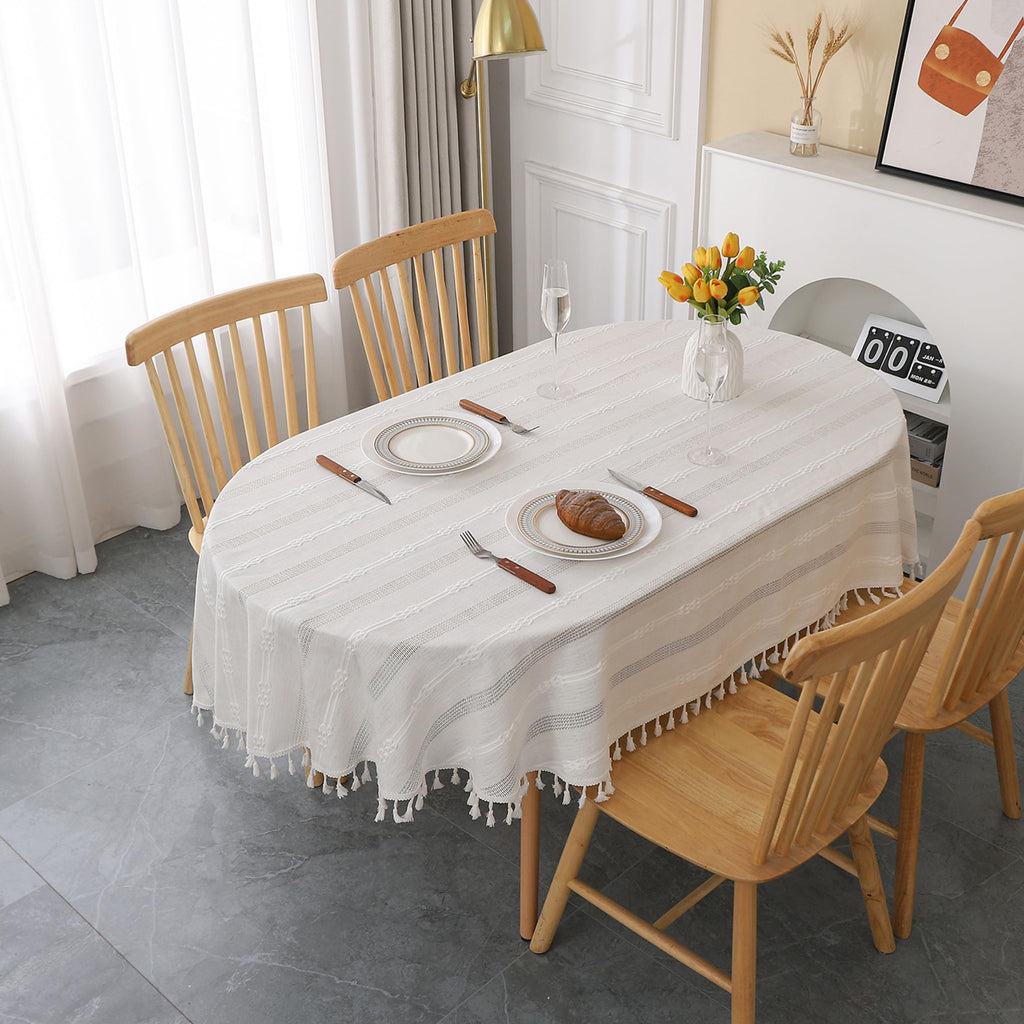 Gernaice Rustic Stripe Embroidered Oval Tablecloth Heavy Tassel Cotton Linen Table Cloth Wrinkle Free Washable Table Cover for Kitchen Dinning Party Holiday White 60x84 Inch