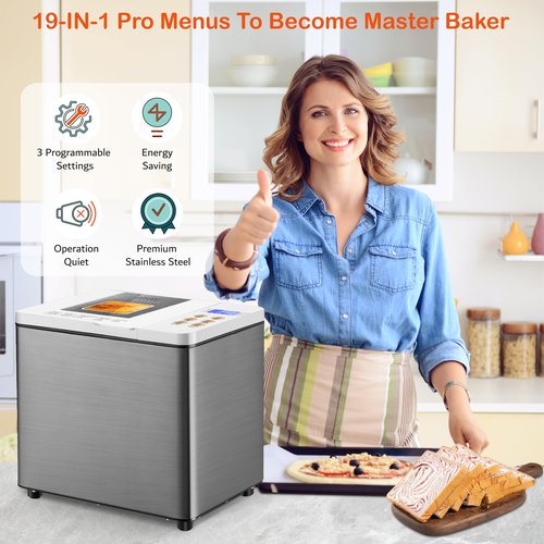 19-in-1 Stainless Steel Bread Maker With Smart Dual Heaters, Quiet Bread Machine with 15H Timer & 1H Keep Warm, Auto BreadMaker with Food-Grade Heat-Conductive Non-Stick Pan, Recipes for Gluten-Free