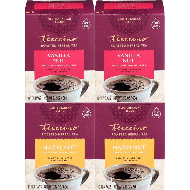 Teeccino Hazelnut & Vanilla Nut Herbal Tea Variety Pack - Roasted Herbal Tea That’s Caffeine Free & Prebiotic for Natural Energy, 10 Tea Bags (Pack of 4)