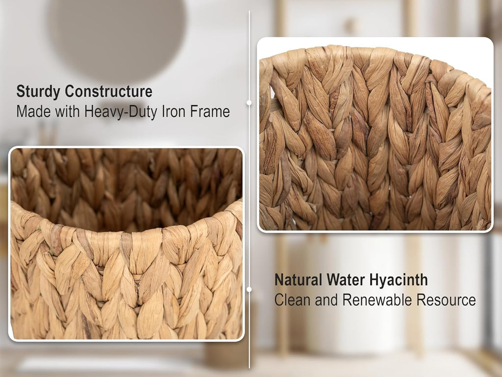 StorageWorks Wicker Waste Basket - Small Round Trash Can for Bathroom & Office | Water Hyacinth Design