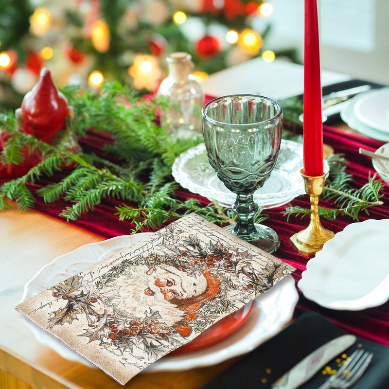 JarThenaAMCS 80Pcs Christmas Guest Napkins Vintage Santa Claus Disposable Paper Napkins Retro Dinner Hand Napkin for Winter Kitchen Bathroom