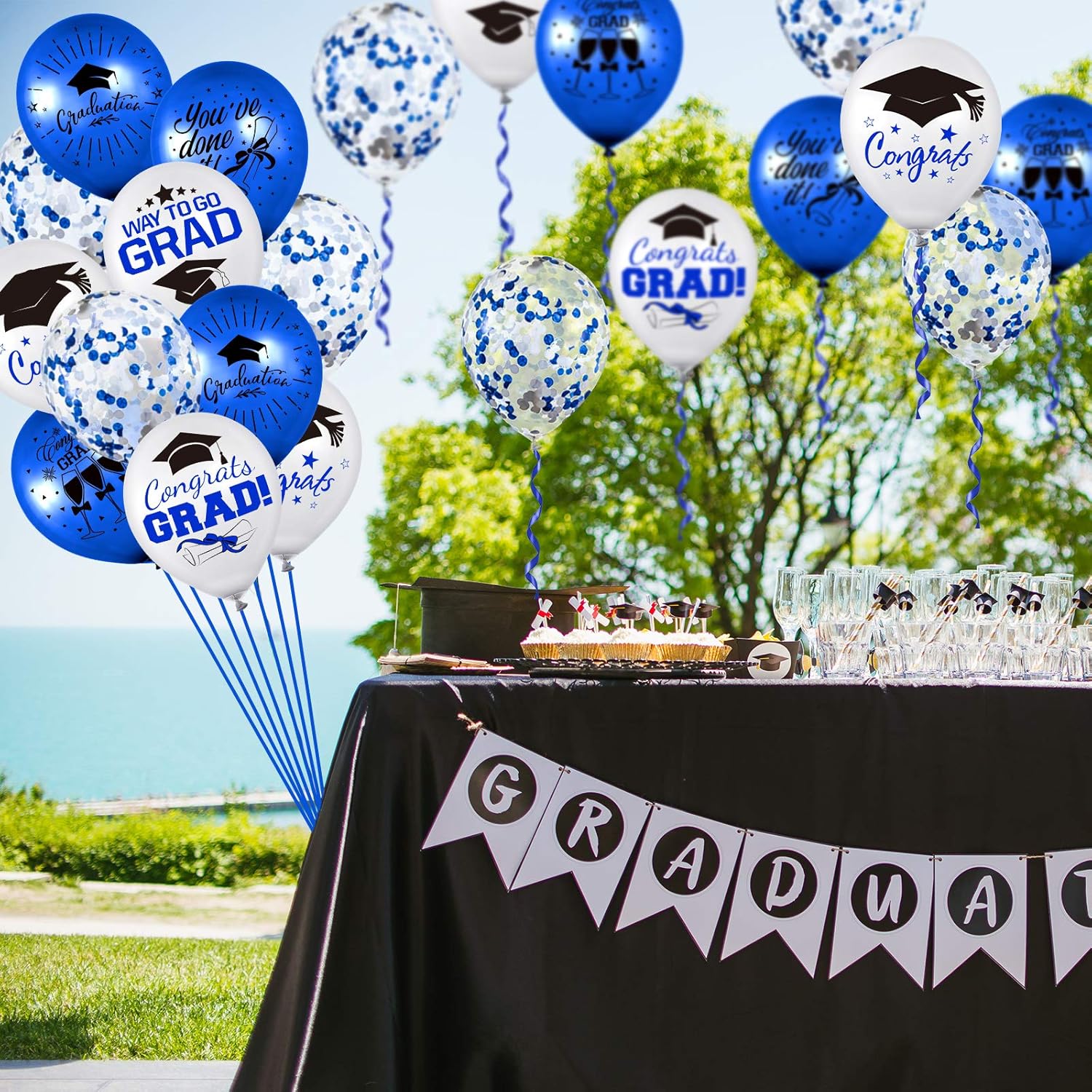 Whaline Graduation Party Balloon Set - 60 Pcs with Blue & White Confetti | 7 Unique Designs & Ribbons