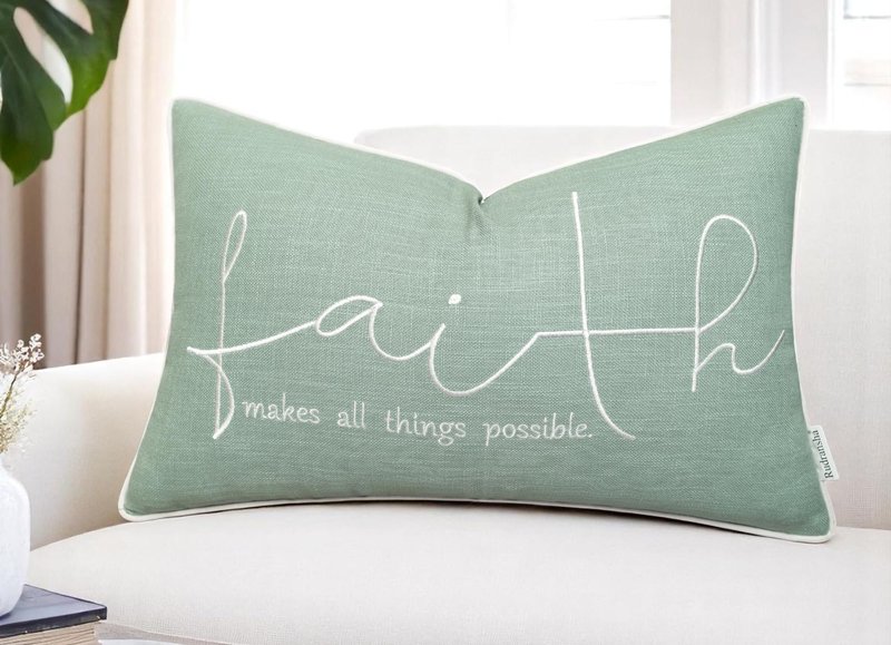 Rudransha Faith Embroidered Lumbar Pillow Cover - 12x20 Light Teal Cotton