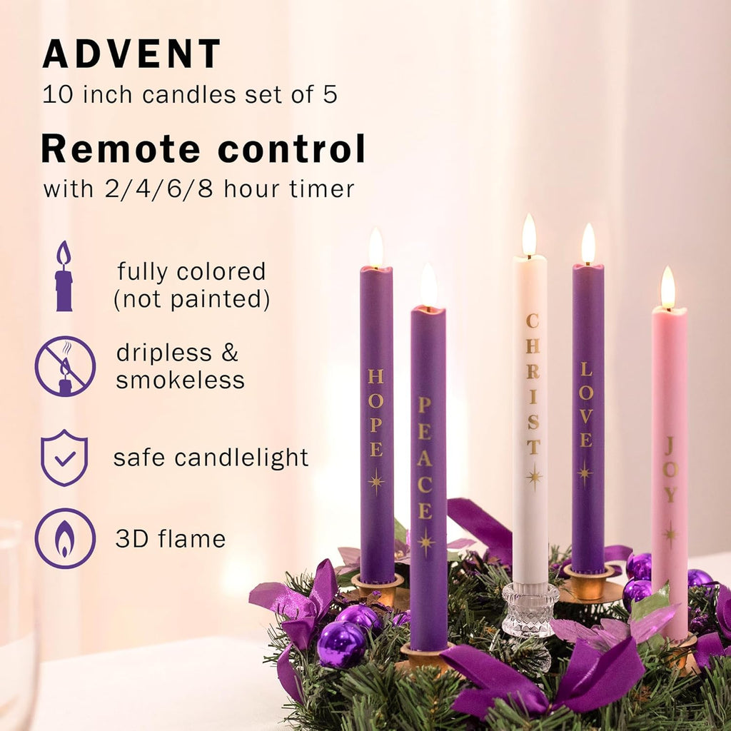 Stmarry Flameless Advent Candles - Realistic 3D Flames with Remote Control | Set of 5, 10 Inch Tall