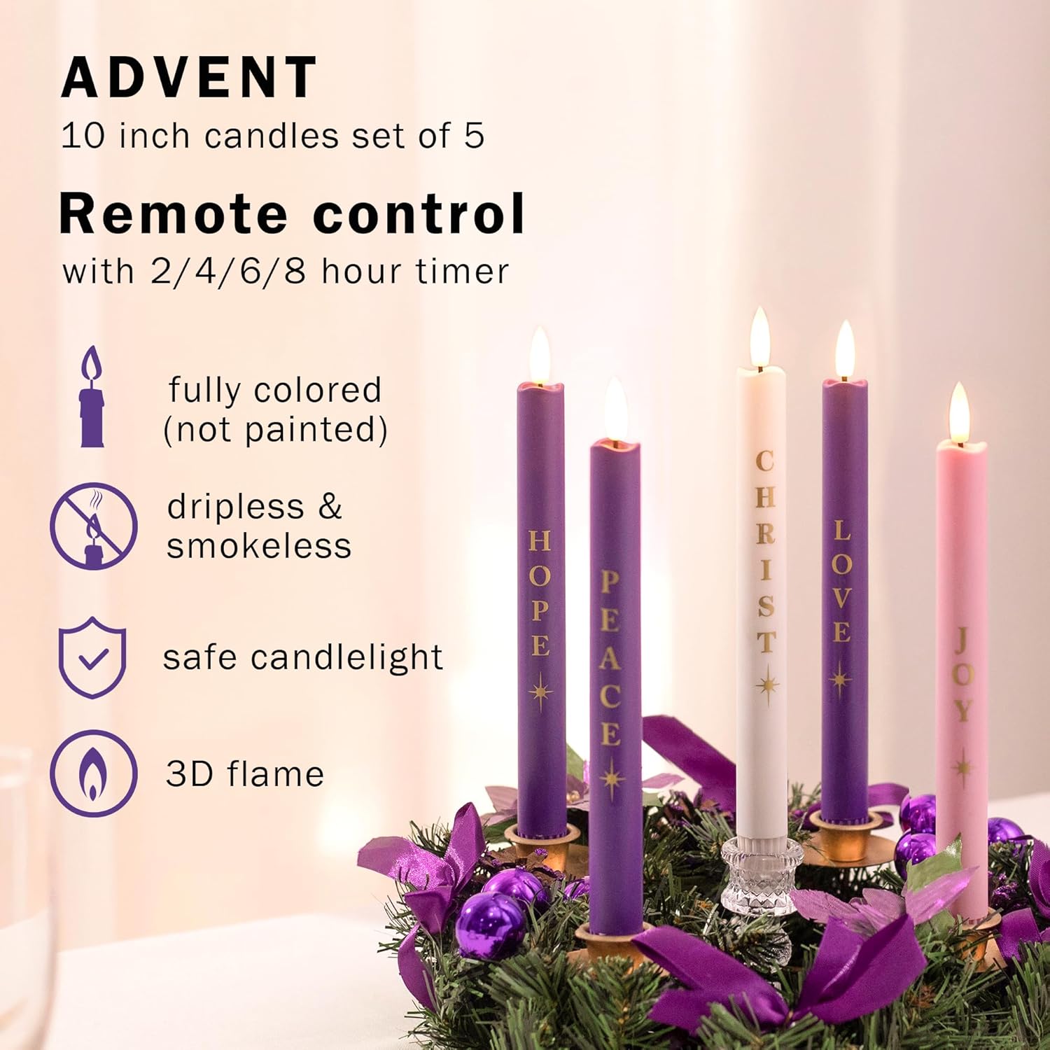 Stmarry Flameless Advent Candles - Realistic 3D Flames with Remote Control | Set of 5, 10 Inch Tall