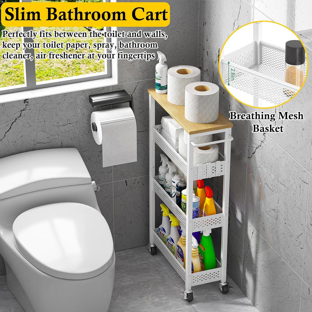 OKZEST Slim Rolling Storage Cart - 4 Tier Mobile Organizer with Wood Top for Kitchen & Laundry | Narrow Design