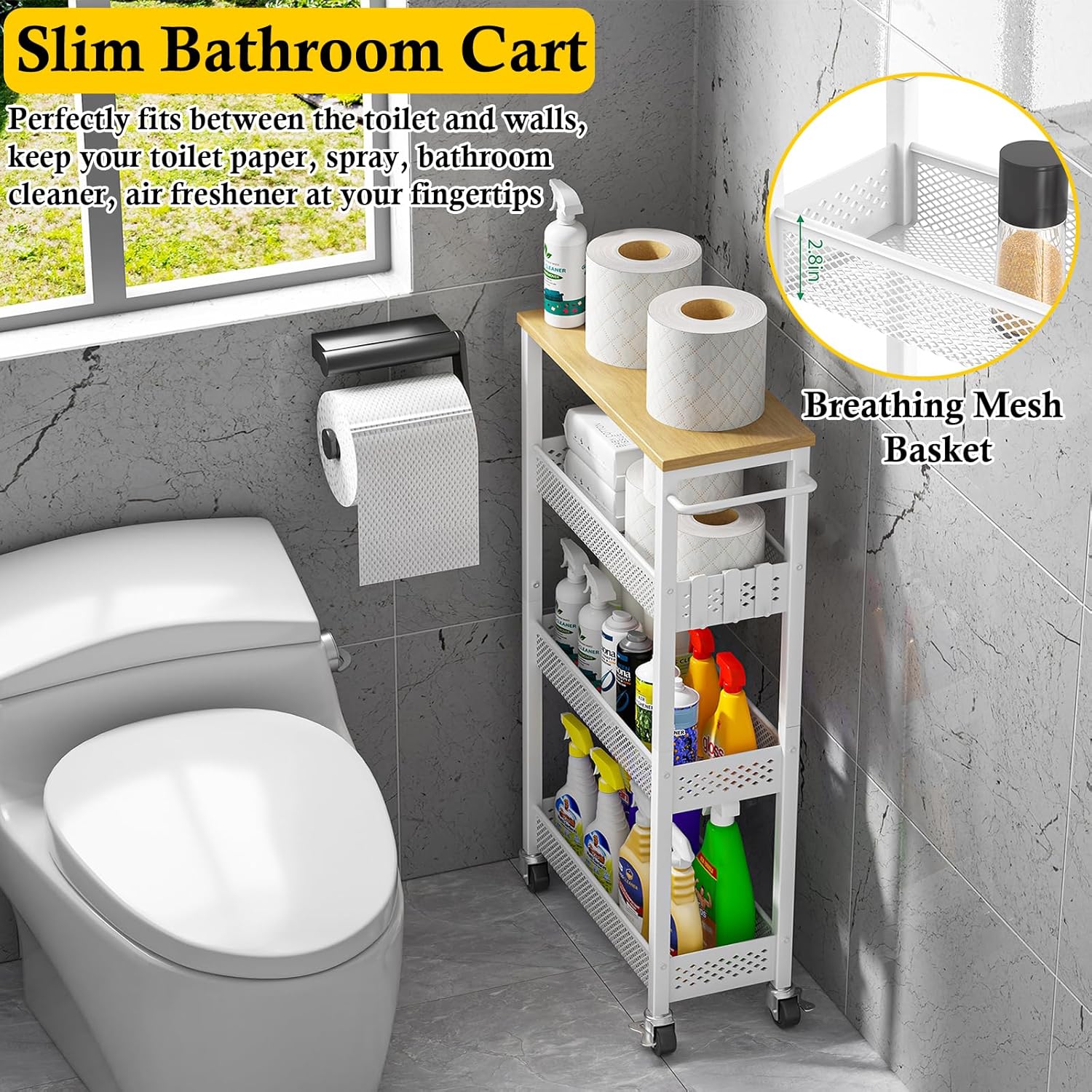 OKZEST Slim Rolling Storage Cart - 4 Tier Mobile Organizer with Wood Top for Kitchen & Laundry | Narrow Design