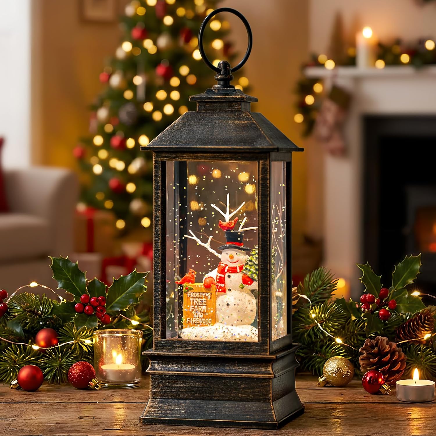 Skiennix Christmas Snow Globe Lantern - Musical Snowman & Tree Scene | Lighted USB/Battery Operated