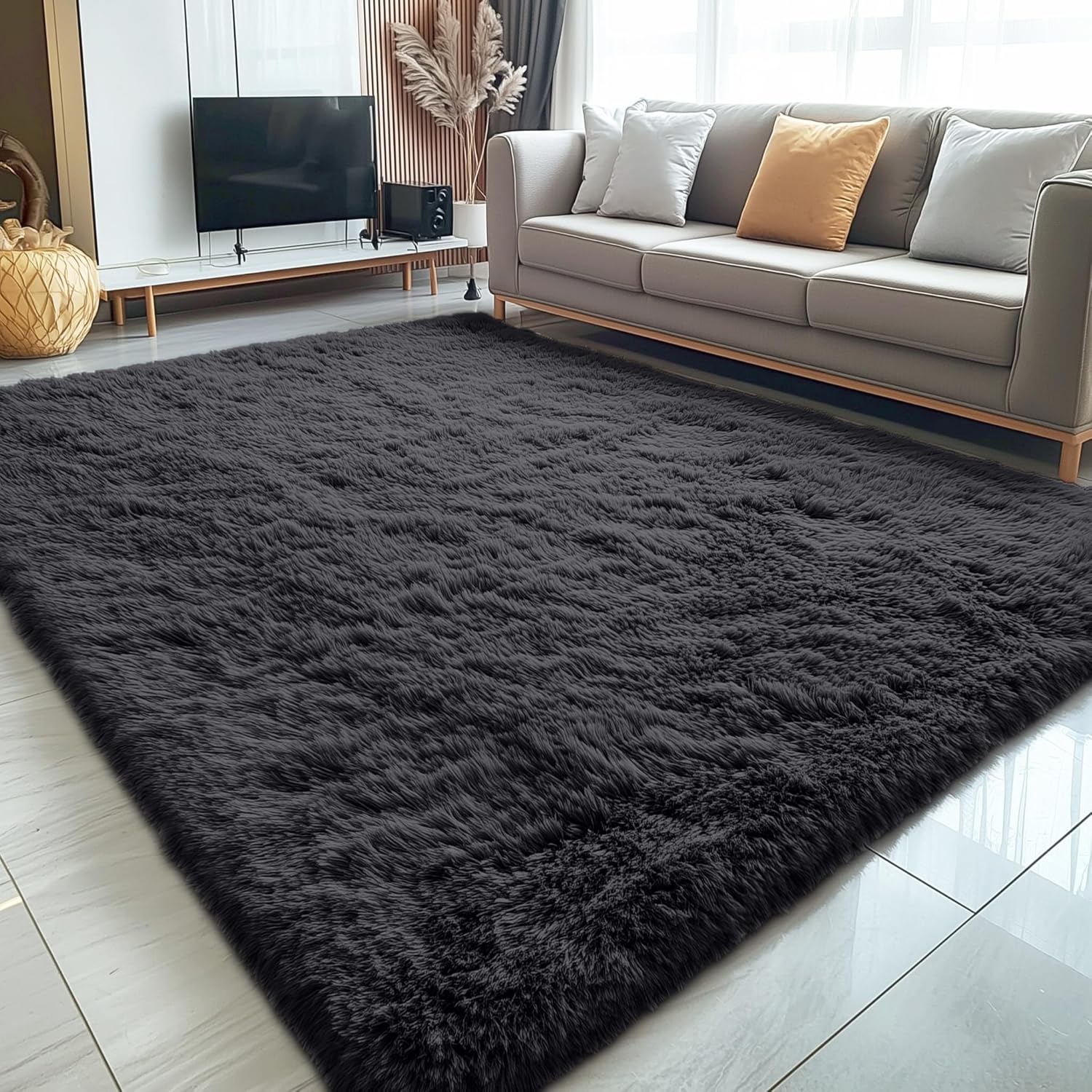OLANLY Large Area Rug - Soft Fluffy Shaggy Carpet for Living Room & Bedroom | 5x8 Black Design