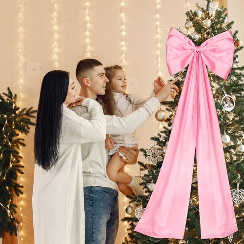 Giant Pink Bow | Double-Layer Satin Christmas Tree Topper & Room Decor | 24 x 42 Inches