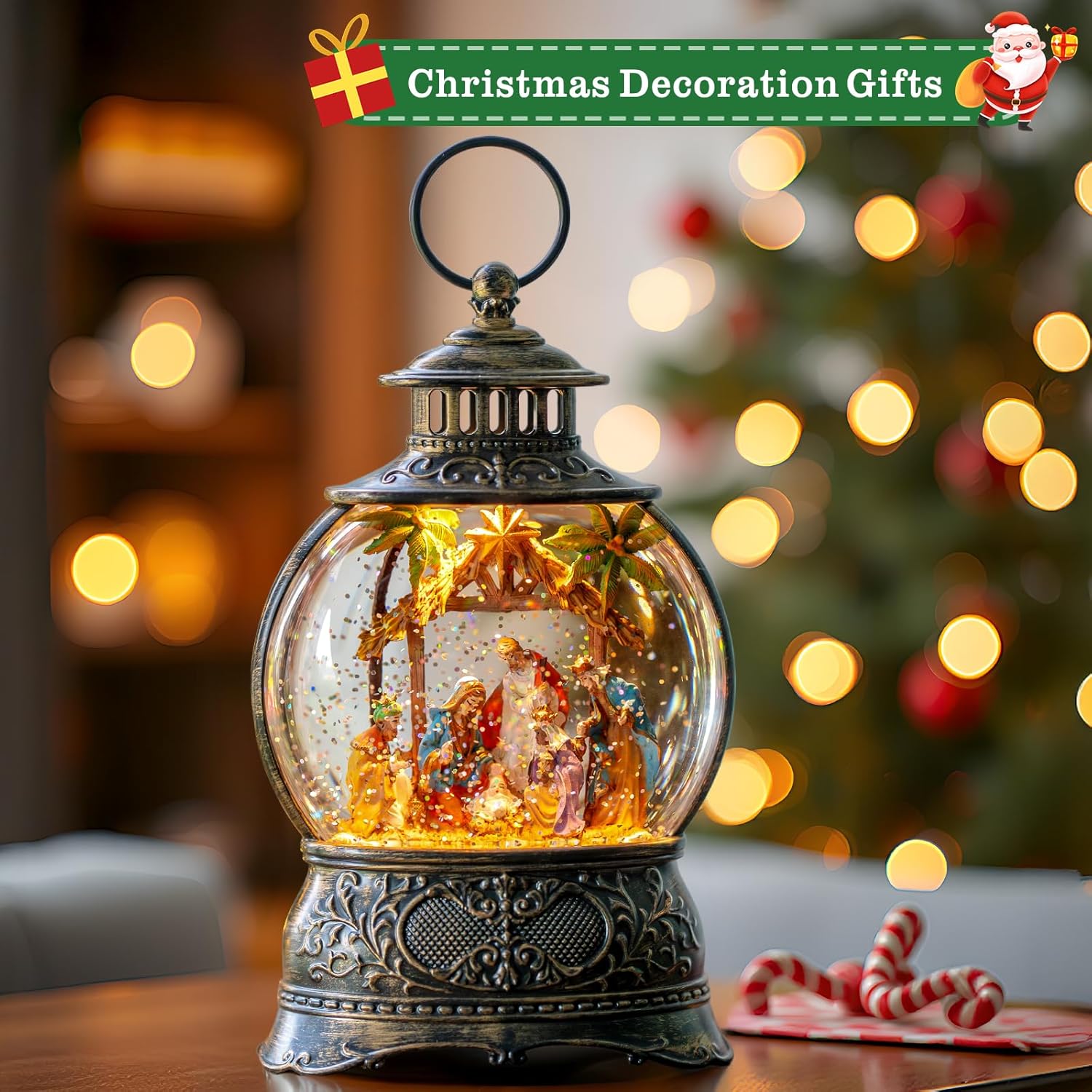 Regine Switzerland Christmas Snow Globe Lantern - Musical Holy Family Nativity Scene | 6H Timer, USB & Battery Operated