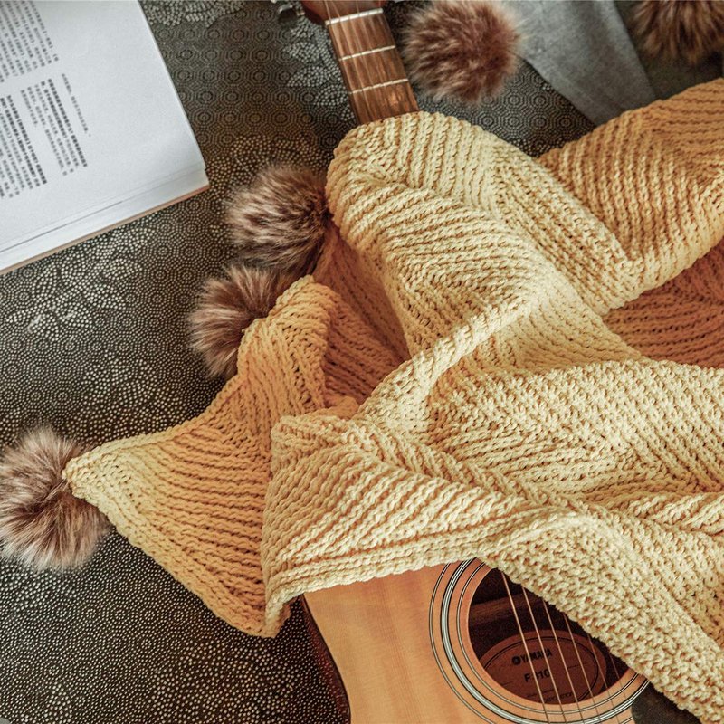 vctops Fur Pom Pom Knit Throw Blanket Super Soft Warm Cozy Cable Knitted Blanket for Sofa and Couch 51 x 63 Inch Mustard Yellow