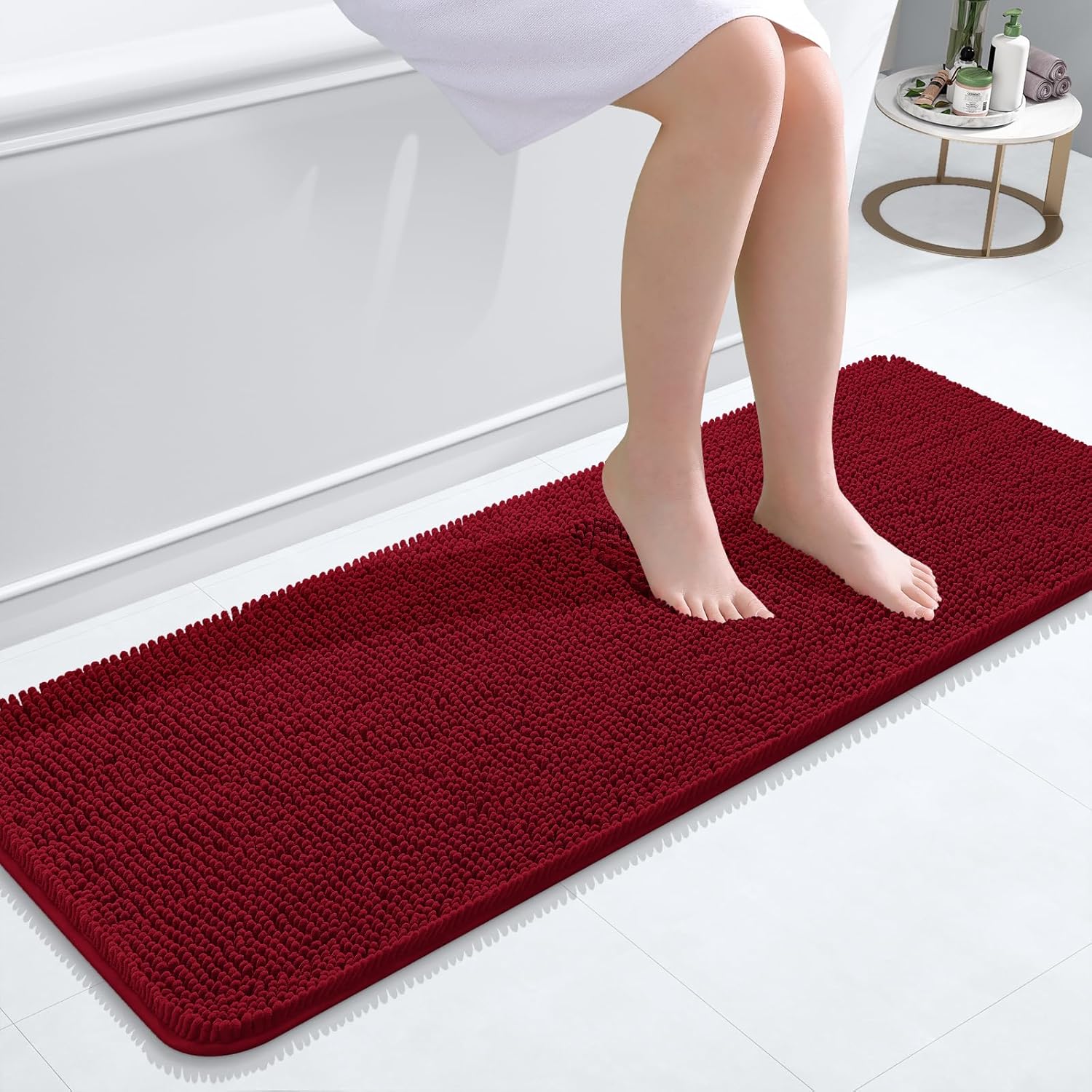 OLANLY Bathroom Runner Rugs - Extra Soft Chenille Bath Mats | Quick Dry, Machine Washable, 47x17 Inches, Red