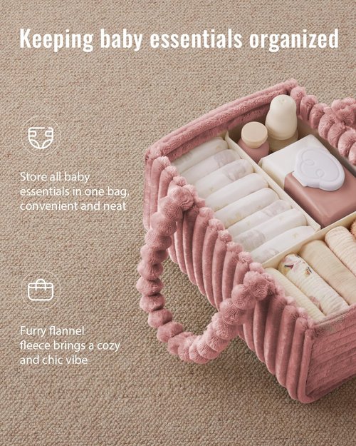 Blissful Diary Flannel Diaper Caddy Organizer - Cozy Plush Pink Nursery Storage Basket for Newborn Essentials