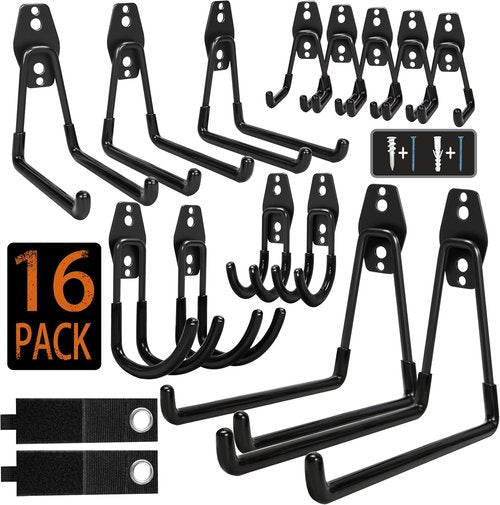 KOFANI Heavy Duty Garage Storage Hooks - 16 Pack Anti-Slip Wall Mount for Bikes, Ladders & Tools