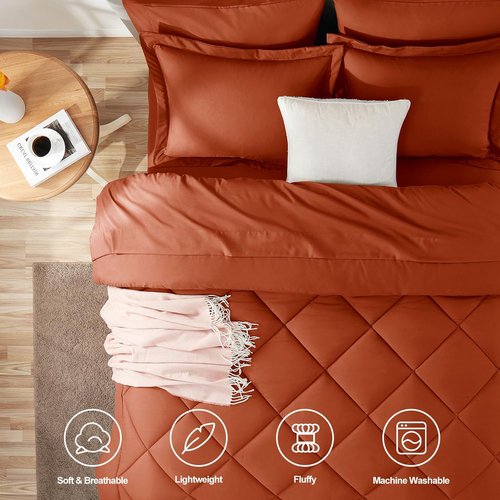 CozyLux Queen Comforter Set - Luxury Soft 7-Piece Bed in a Bag in Burnt Orange | All-Season Bedding with Down Alternative Comforter, Sheets & Pillowcases