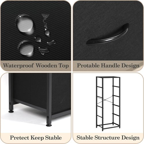 MOOACE 5-Drawer Dresser - Tall Fabric Storage Organizer with Wooden Top - Black Metal Frame