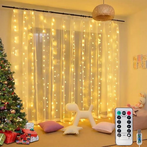Honche 300 LED Fairy Curtain String Lights - 10x10ft Remote Control Window Lights for Bedroom & Wedding Decor | Warm White