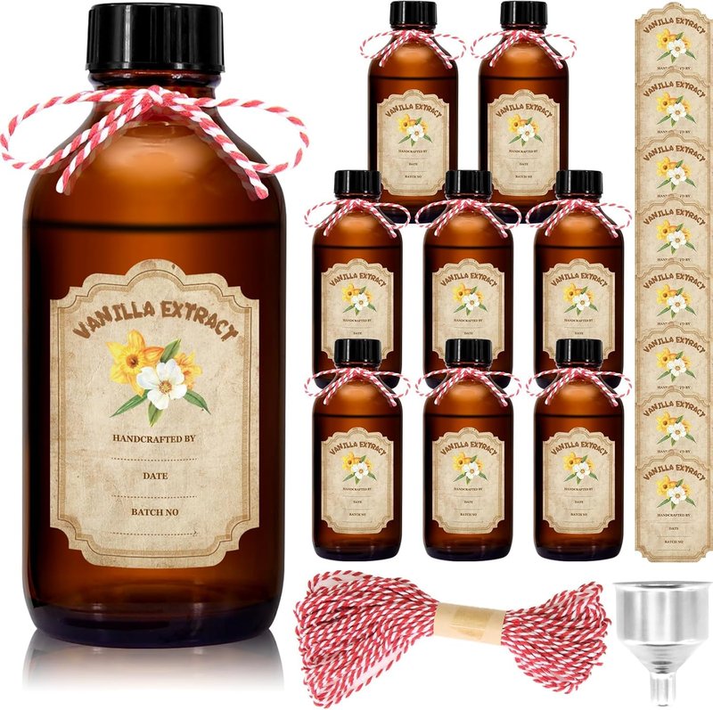 ohaayoo 8 Pack 8 Ounce Amber Glass Bottle Boston Round Bottles with Caps Brown Vanilla Extract Bottles，8 Pcs Vanilla Extract Stickers for Syrup Gift Glass Food Storage Canister Set Sauce Beans