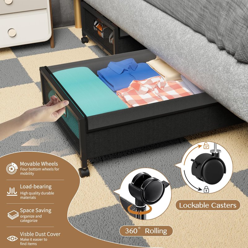 Futego Under Bed Storage with Wheels,2 Pack Under Bed Storage Containers with Clear Lids,Under the bed storage Organizer Bins, Large Rolling Under Bed Metal Drawer for Clothes,Shoes,Blankets