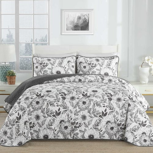 Drucon Grey Floral Quilt Set Queen Size 3 Pieces Botanical Flower Quilt Coverlet Set with 2 Pillowcases Lightweight Soft Microfiber Bedding Set Bedspread for All Season 96"x90"