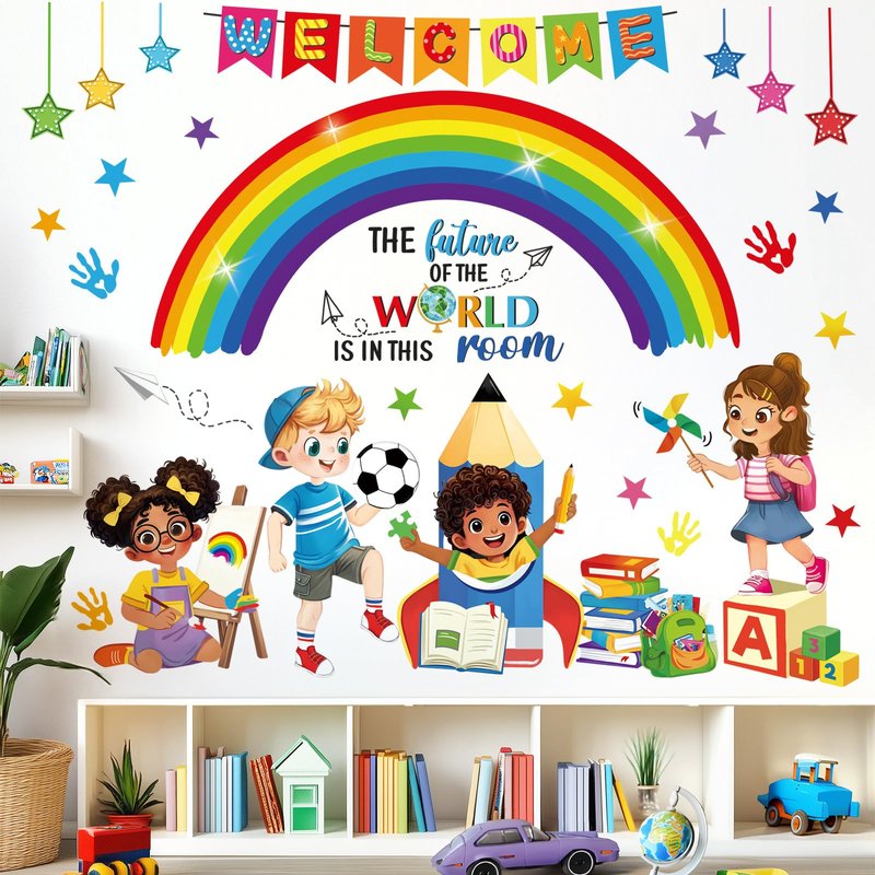 decalmile Rainbow Reading Corner Wall Decals Handprint The Future of The World Inspirational Quotes Wall Stickers Kids Playroom School Library Classroom Wall Decor