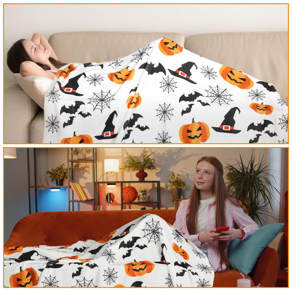 Buryeah 3 Pcs Halloween Throw Blanket Set Include 50"x60" Halloween Fleece Throw Blanket Jack O Lantern Pumpkin Fuzzy Slippers Boo Keychain for Women Men Spooky Gifts Ghost Bedroom Living Room