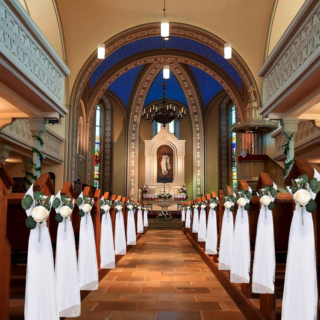 Skiennix Wedding Aisle Decorations - 39.4" Artificial Silk Rose Flowers with Long Tulle Tails - Champagne
